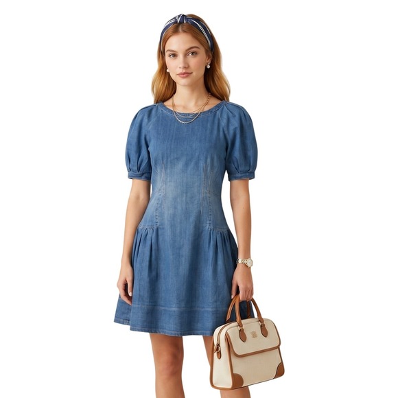 Habitual Girl Dresses & Skirts - HABITUAL Girl Denim Puff Sleeve Fit and Flare Dress Blue Size 16 Preppy Cottage